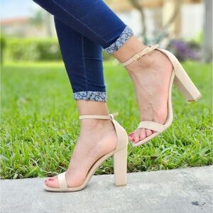 Beige Suede Ankle Strap Block Heel Dress Sandals